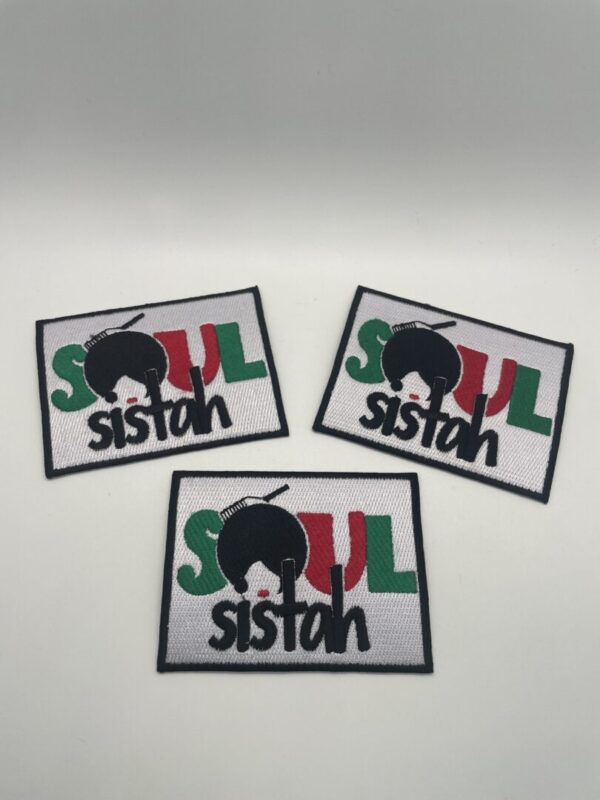 A group of three patches that say soul sista on them.