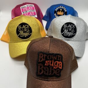 Brown suga babe glitter trucker hat.