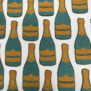 Pattern of green and gold champagne bottles on a white background.