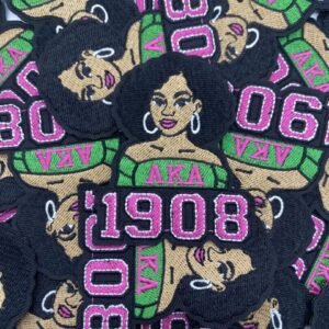 Pattern of faces with 'AEA 1908' and numbers in green and pink colors.