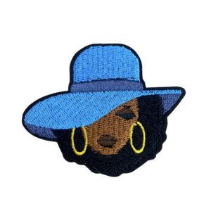 Stylized illustration of a woman with a blue hat and gold hoop earrings.