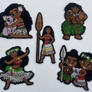 Cartoon character patches with tropical theme.